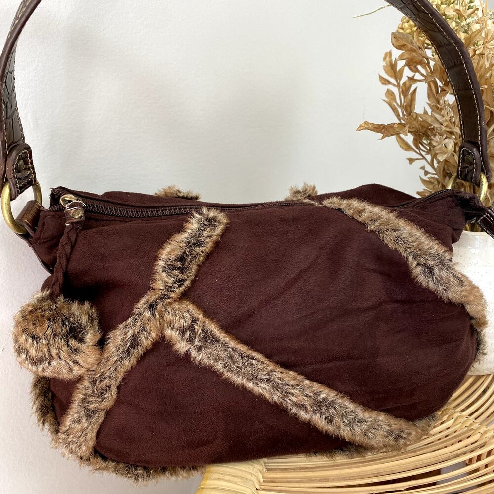 Y2K Brown Bratz Inspired Faux Fur Trimmed Shoulder Bag